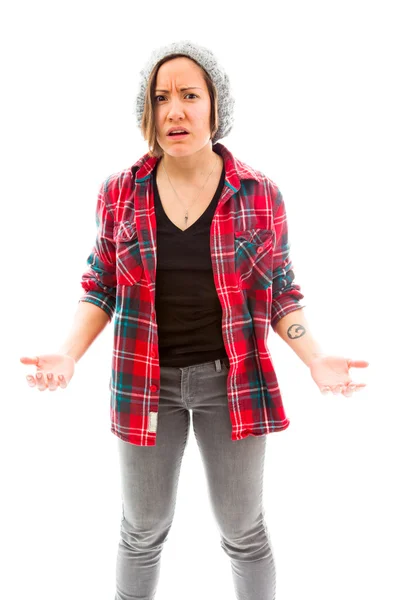 Worried woman spread hands — Stock Photo, Image