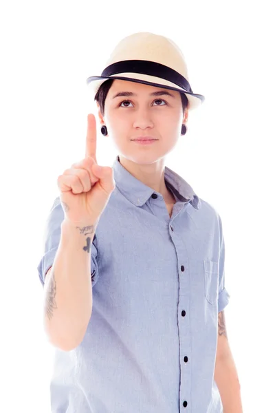 Mujer apuntando hacia arriba — Foto de Stock