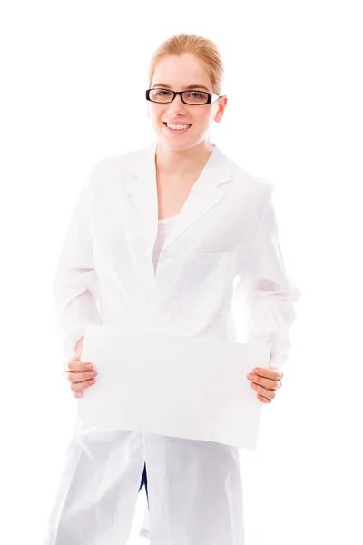 Scientist showing placard Stock Photo