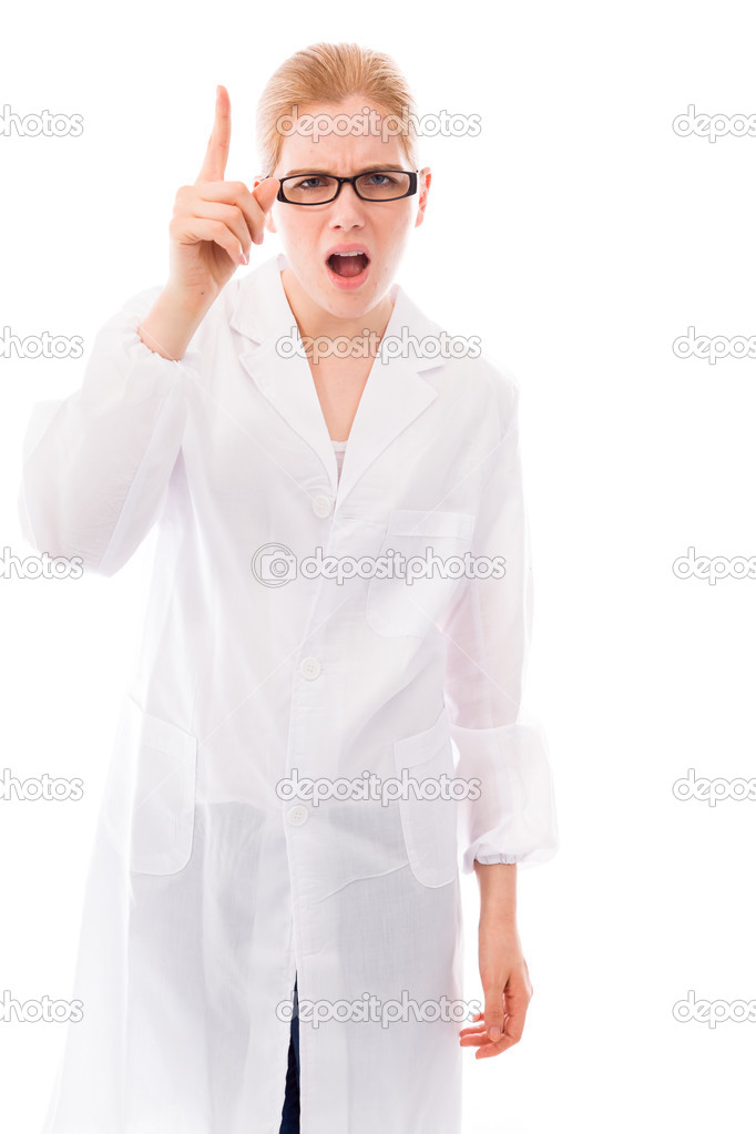 Female scientist pointing upward