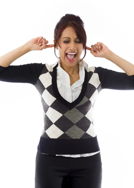 Businesswoman with hands in ears — Stock Photo, Image