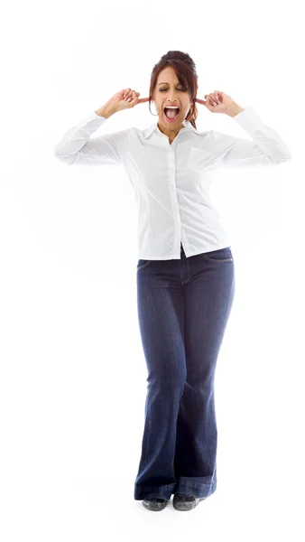 Woman with fingers in ear — Stock Photo, Image