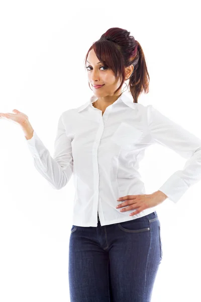 Woman presenting something — Stock Photo, Image