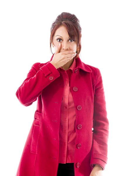 Woman with hand over mouth — Stock Photo, Image