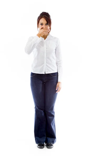 Woman with hand over mouth — Stok fotoğraf