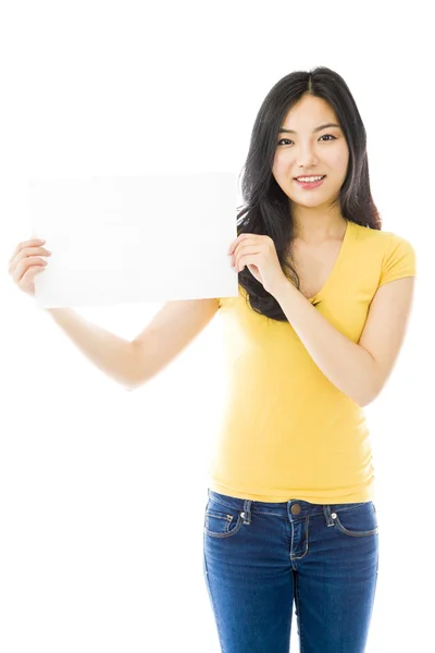 Mulher segurando um cartaz em branco — Fotografia de Stock