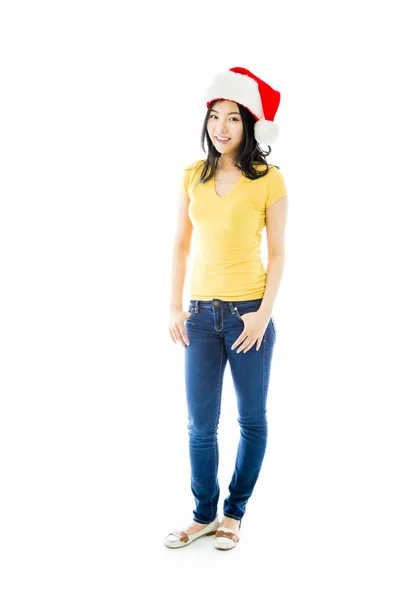 Noel Baba şapkalı kadın. — Stok fotoğraf