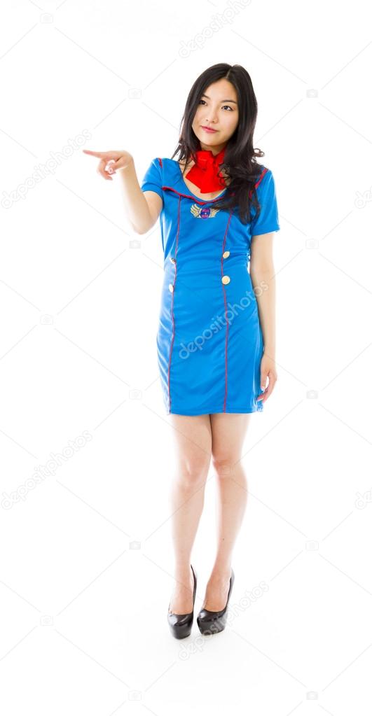 Air stewardess pointing