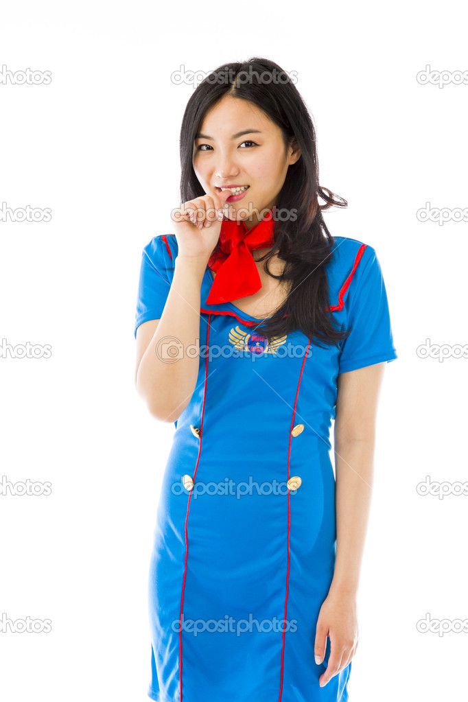 Stewardess with finger in mouth