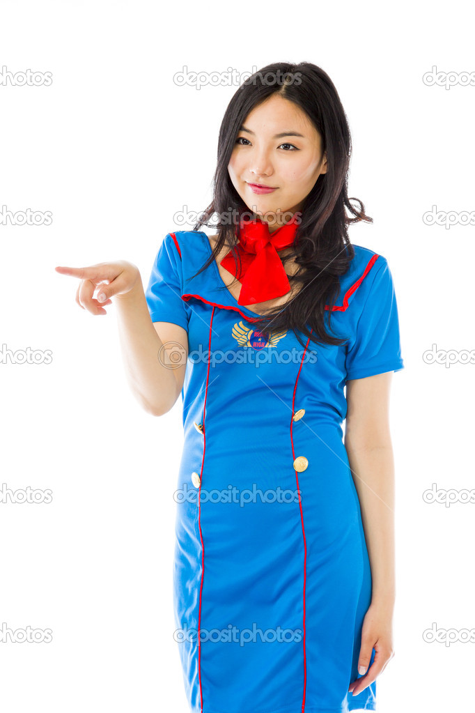 Air stewardess pointing