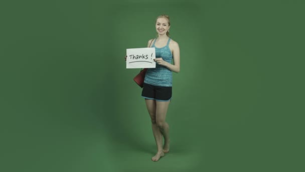 Woman grateful with thanks sign — Stock Video