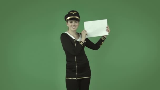 Air hostess happy with blank sign — Stock Video