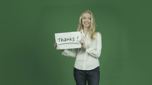 Woman grateful with thanks sign — Stock Video