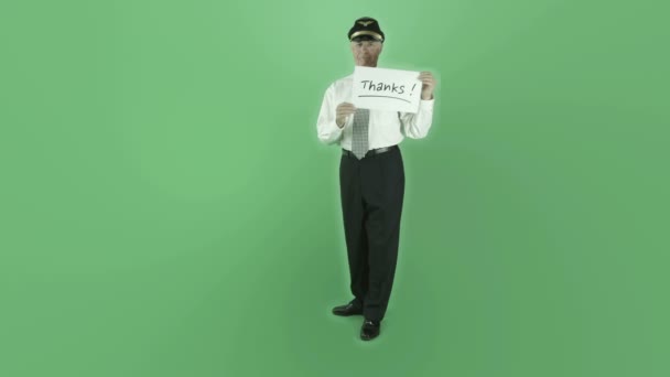 Airplane pilot holding thanks sign — Stock Video