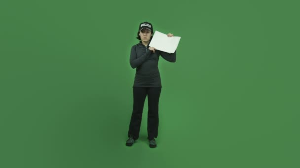 Police girl with blank sign — Stock Video