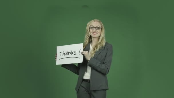 Businesswoman grateful with thanks sign — Stock Video