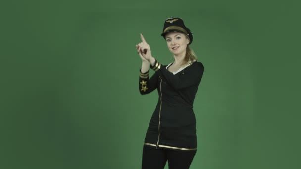 Air hostess demonstrating safety — Stock Video