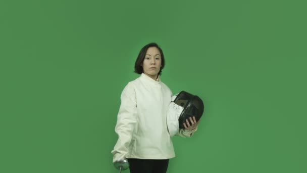 Fencing with sword girl with salute — Stock Video