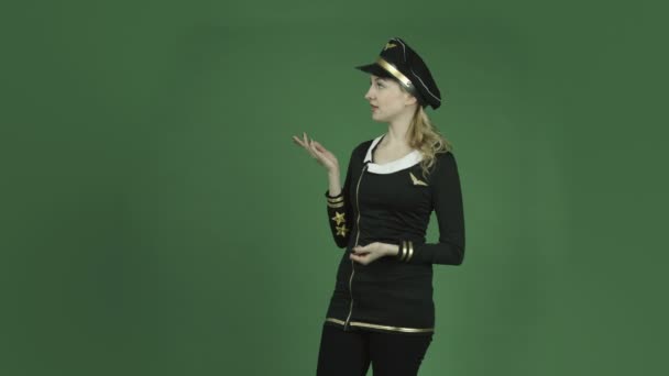 Air hostess presenting and pointing — Stock Video