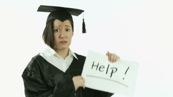 Student graduating with help sign — 图库视频影像