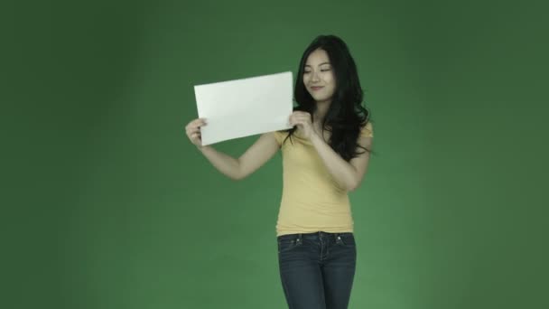 Woman happy with blank sign — Stock Video