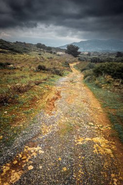Kırsal alanda fırtınalı bulutlara karşı boş patika