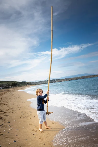 Niño Jugando Con Una Gran Rama Costa Playa Contra Cielo —  Fotos de Stock