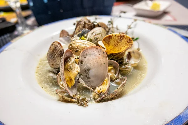 Primer Plano Almejas Cocidas Plato Restaurante Bretaña Francia —  Fotos de Stock