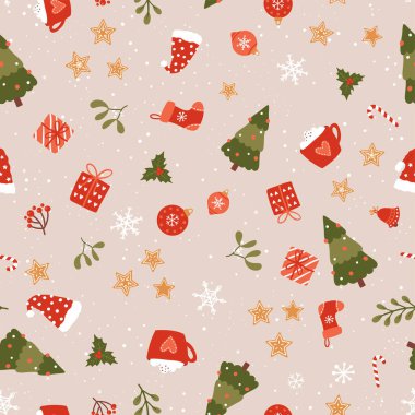 Güzel el çizimi Noel deseni, güzel karalamalar, şenlikli arka plan - tekstil, pankart, duvar kağıtları, ambalaj - vektör tasarımı için harika