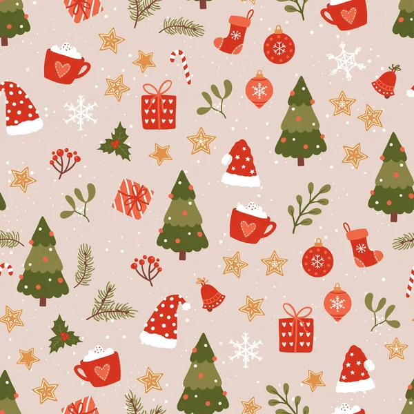 Mão Bonito Desenhado Padrão Sem Costura Natal Doodles Adoráveis Fundo — Vetor de Stock