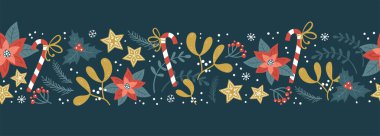 Güzel el çizimi Noel pürüzsüz desen, şirin yeşillik, çiçekler ve kar taneleri, tekstil, ambalaj, pankart, duvar kağıtları - vektör tasarımı -