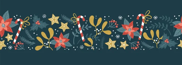 Schöne Handgezeichnete Weihnachten Nahtlose Muster Niedliches Grün Blumen Und Schneeflocken — Stockvektor