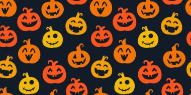 Şirin el çizimi Cadılar Bayramı balkabakları pürüzsüz desen, mutlu yüzler, tekstil, pankart, ambalaj, duvar kağıtları - vektör tasarımı