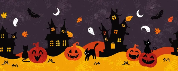 Diversão Halloween Castelos Sem Costura Padrão Fantasmas Bonitos Abóboras Gatos — Vetor de Stock