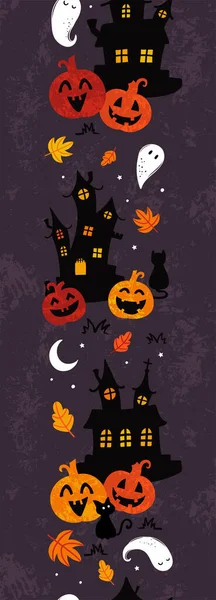 Szórakoztató Halloween Kastélyok Zökkenőmentes Minta Aranyos Szellemek Tök Macskák Dekoráció — Stock Vector