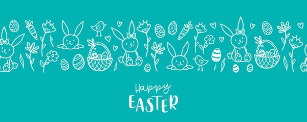 Cute hand drawn Easter horizontal seamless pattern with bunnies, flowers, easter eggs, beautiful background, great for Easter Cards, banner, textiles, wallpapers - vector design