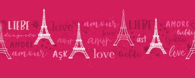Romantik el yazısı Eiffel Kulesi 'nin kusursuz deseni, farklı dillerde' aşk 'kelimesinin geçtiği harika Sevgililer Günü arkaplanı, tekstil, pankart, duvar kağıtları, ambalaj - vektör tasarımı