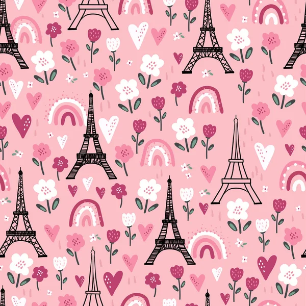 Patrón Sin Costuras Torre Eiffel Dibujado Mano Romántico Gran Fondo — Vector de stock