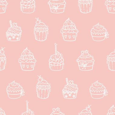 Sevimli el çizimi kekler, kusursuz desenler, tatlı arka plan, tekstil, afişler, duvar kağıtları, ambalaj - vektör tasarımı için harika.