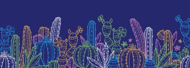 Sevimli el çizimi kaktüssüz desen, çizgi sanat arka planı, canlı renkler, afişler, duvar kağıtları, tekstil, ambalaj - vektör tasarımı -