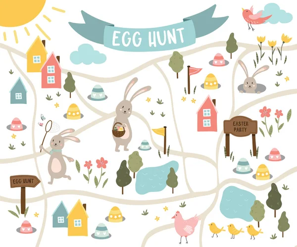Lindo Diseño Caza Huevos Pascua Mapa Para Niños Dibujado Mano — Archivo Imágenes Vectoriales
