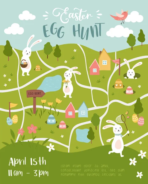 Sevimli Paskalya Yumurtası Avı tasarımı, çocuklar için harita, şirin tavşanlar, yumurtalar ve dekorasyonlarla çizilmiş el yazısı - davetiyeler, afişler, duvar kağıtları - vektör