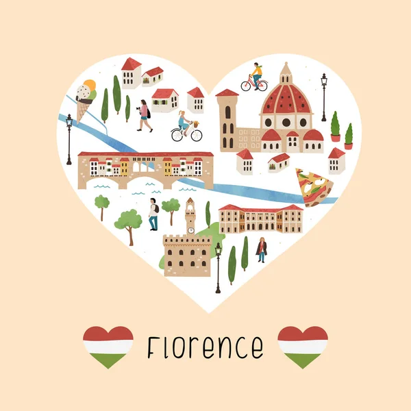 Precioso Mapa Dibujado Mano Florencia Italia Lugares Interés Ilustrados Decoración — Archivo Imágenes Vectoriales