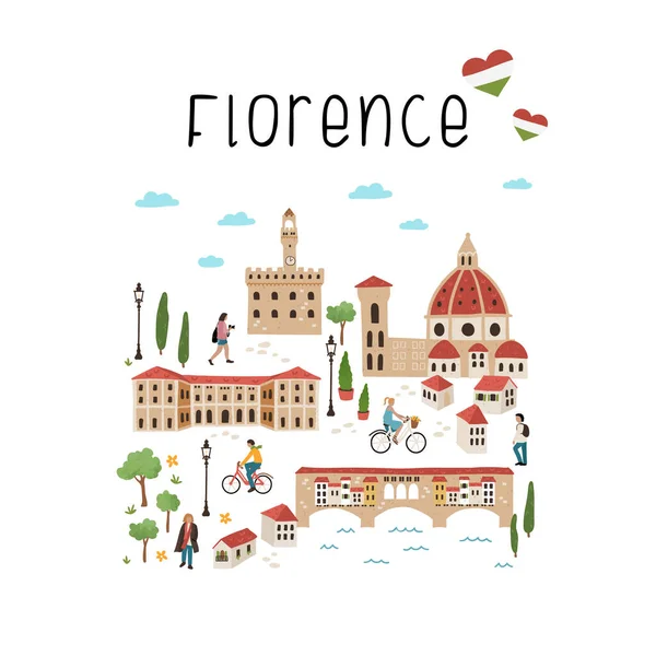 Precioso Mapa Dibujado Mano Florencia Italia Lugares Interés Ilustrados Decoración — Archivo Imágenes Vectoriales