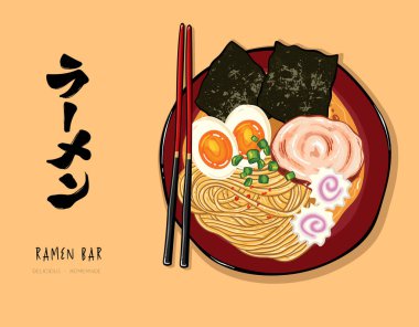 Lezzetli el yapımı ramen kasesi, erişte, çorba, yumurta, yosun, tanışma ve soğan içeren geleneksel Japon yemekleri, reklam için harika, el ilanları, afişler - vektör tasarımı