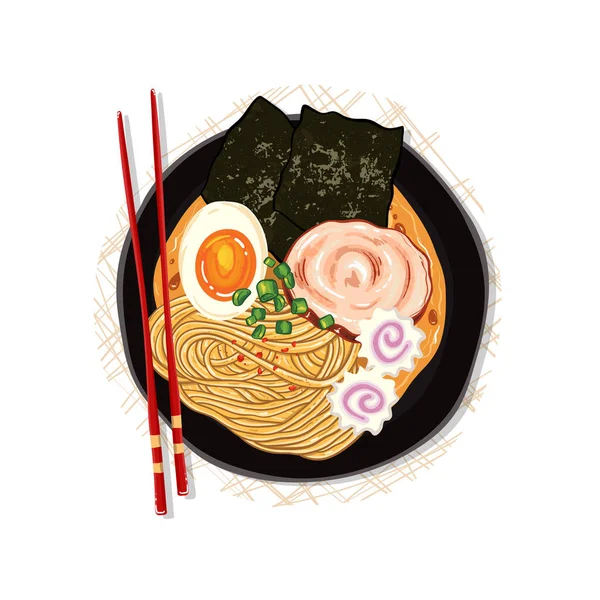 Köstliche Handgezogene Ramen Schale Traditionelles Japanisches Essen Mit Nudeln Brühe — Stockvektor