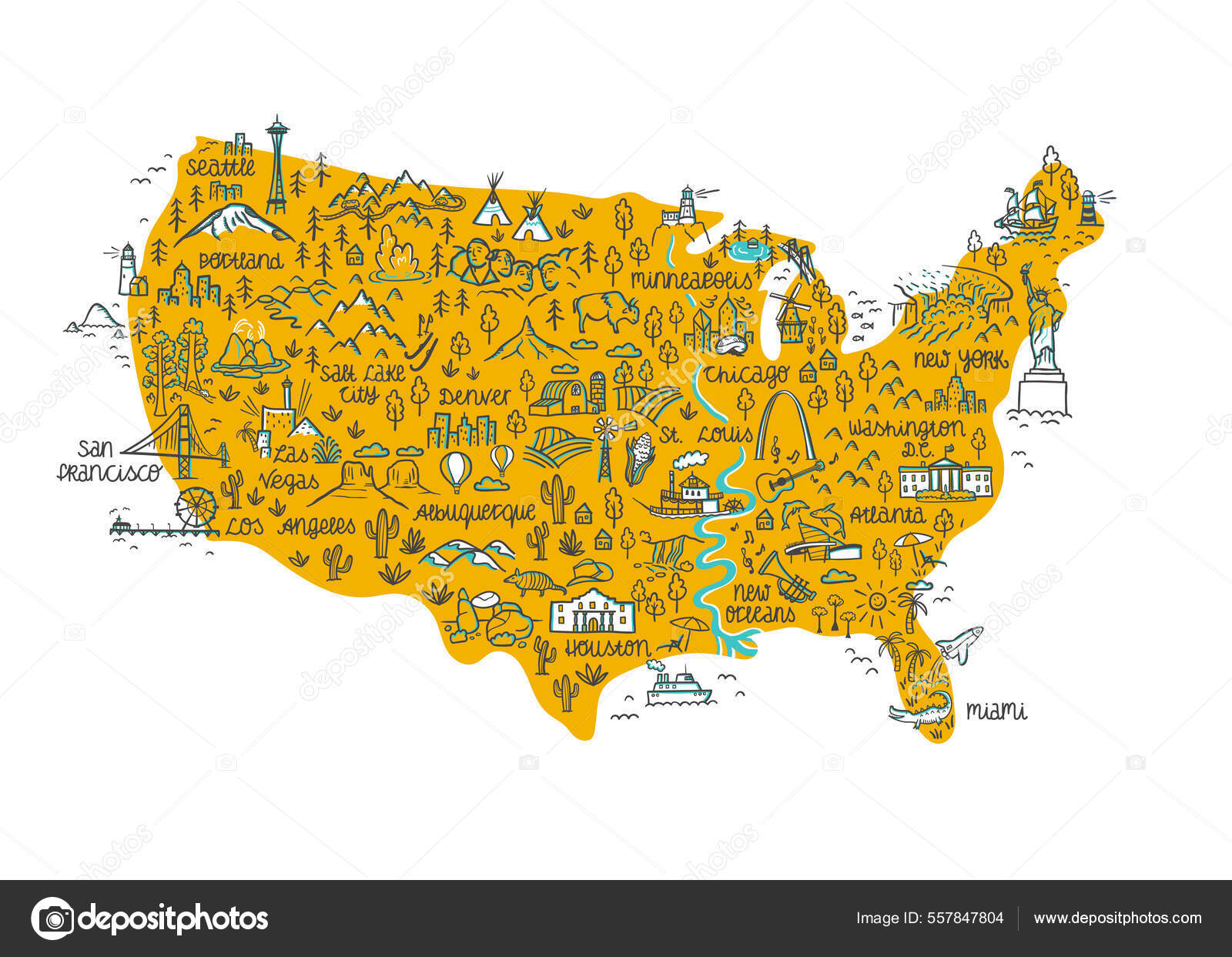 Lindo Mapa Dibujado Mano Los Monumentos Parques Nacionales Ciudades  Paisajes Vector de stock #557847804 de ©vialis, image size:1600x1243