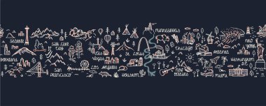 Güzel el işaretleri, ulusal parklar, şehirler ve manzaralarla kusursuz bir desen çizmiş. Tekstil, ambalaj, pankart, duvar kağıtları, vektör tasarımı için harika.