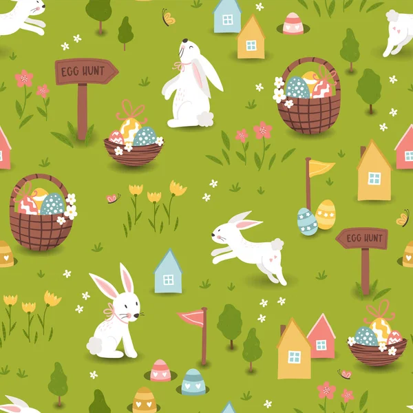 Aranyos Húsvéti Tojás Vadászat Design Gyerekeknek Kézzel Rajzolt Aranyos Nyulak — Stock Vector