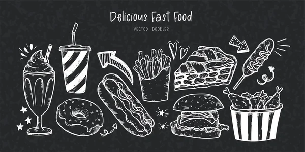 Tangan Yang Indah Digambar Doodle Makanan Cepat Saji Lezat Elemen - Stok Vektor